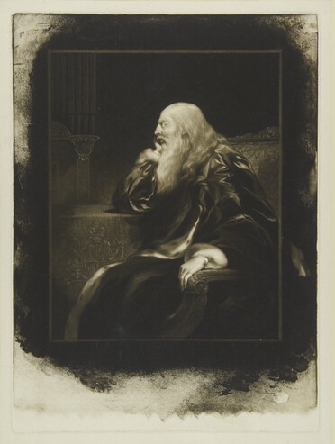 A three-quarter length portrait of the elderly George III. He is seated at a table with his chin propped on one hand, wrapped in an ermine-trimmed silk robe. His face is in profile. He has a long, untidy beard and long white hair.
