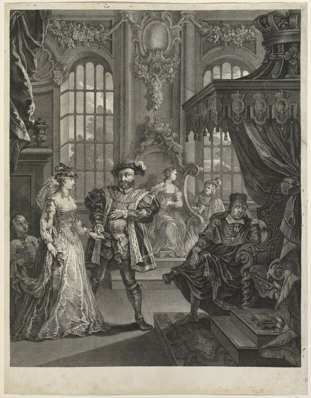An etching and engraving of a scene in the court of Henry VIII. Henry, recognisable with the broad shoulders, plumed hat, and ermine-lined coat from the famous Holbein portrait, leads Anne Boleyn by the hand toward the throne. She is fashionably dressed, and followed by a dwarf who holds the train of her gown. On the right, the throne is under a decorated canopy, at the foot of the stairs sits Cardinal Wolsey, with his legs crossed, and one hand raised to his face as if in thought. Two more courtiers - a lady sitting in a decorated alcove, and a man addressing her - are visible in the background.