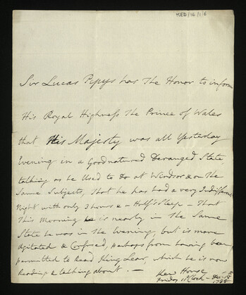 A letter written in slightly rushed copperplate handwriting. An archivist has marked the top right corner 'MED/16/1/6'. Faint lines are visible where the page has been folded. It reads: 'Sir Lucas Pepys has the Honor to inform His Royal Highness the Prince of Wales that His Majesty was all yesterday evening in a Goodnatured deranged state talking as he Used to do at Windsor & on the same subjects, that he has had a very Indifferent night with only 3 hours & a Half's sleep - that this Morning he is nearly in the same state he was in the evening, but is more agitated & confused, perhaps from having been permitted to read King Lear, which he is now Reading & talking about. - Kew House. Friday 11 o'clock - December 18th 1788.'